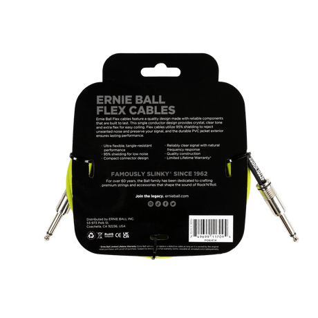 Ernie Ball flex cable packaging with product details on a black background