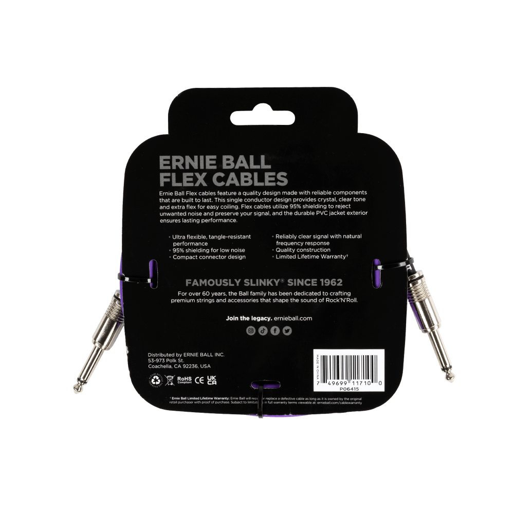 Ernie Ball Flex Cables packaging with product details on a black background