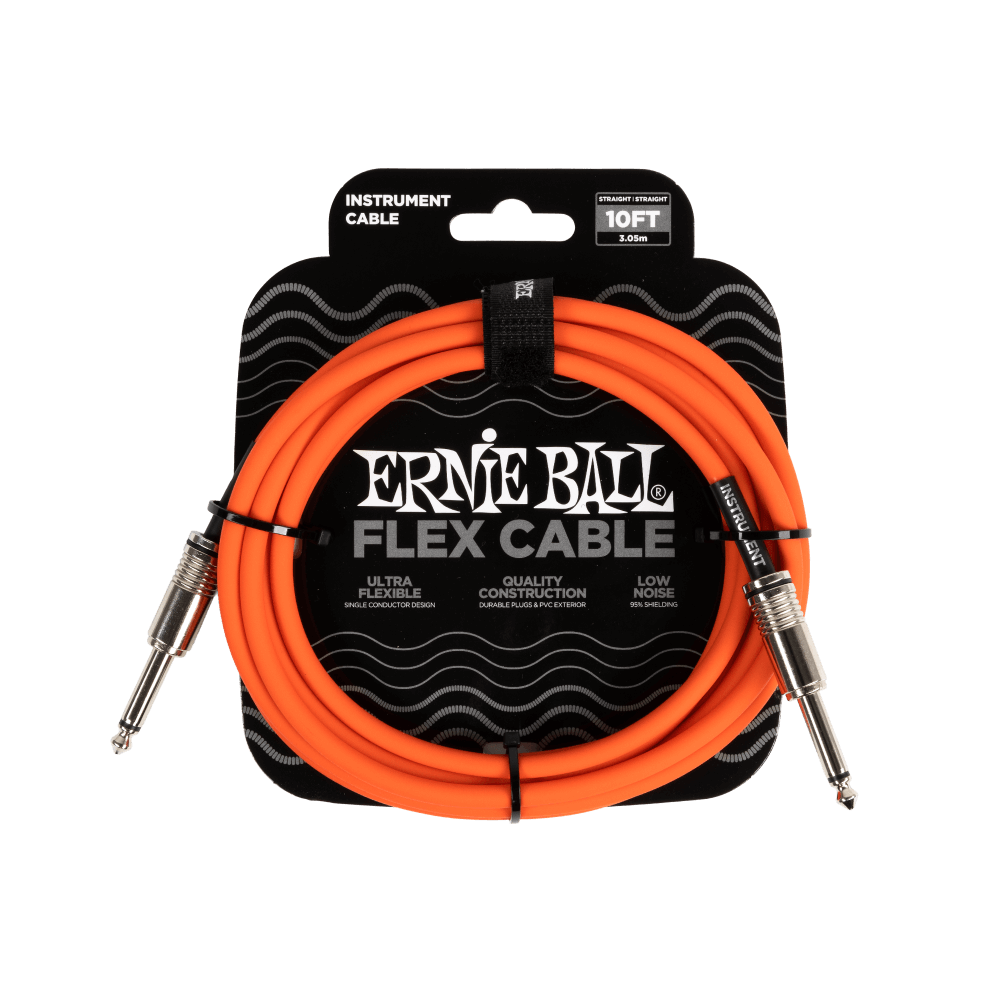 Ernie Ball flex cable packaging with orange cable and black label on a white background