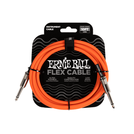 Ernie Ball flex cable packaging with orange cable and black label on a white background