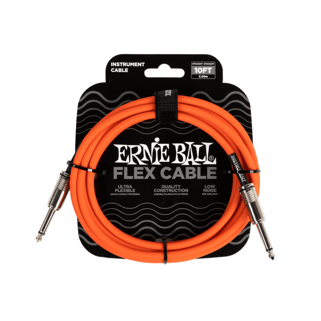 Ernie Ball flex cable packaging with orange cable and black label on a white background