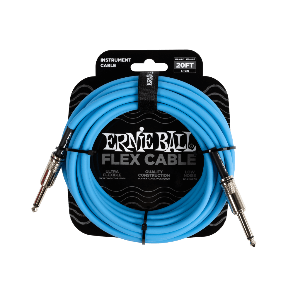 Ernie Ball flex cable packaging with blue cable on a black background
