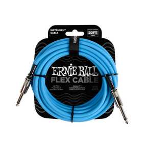 Ernie Ball flex cable packaging with blue cable on a black background