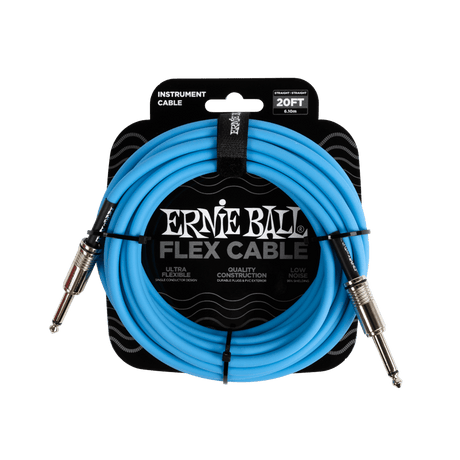 Ernie Ball flex cable packaging with blue cable on a black background