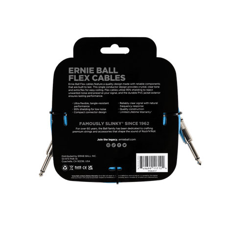Ernie Ball Flex cables packaging with product details on a black background