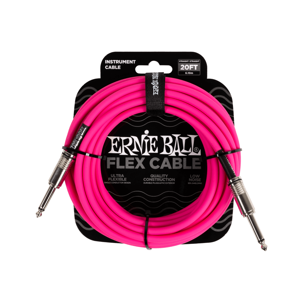 Pink instrument cable with Ernie Ball packaging on a black background