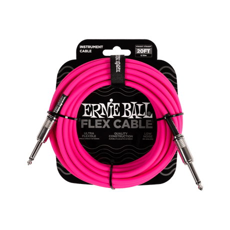 Pink instrument cable with Ernie Ball packaging on a black background