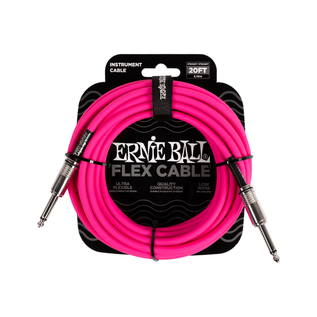Pink instrument cable with Ernie Ball packaging on a black background