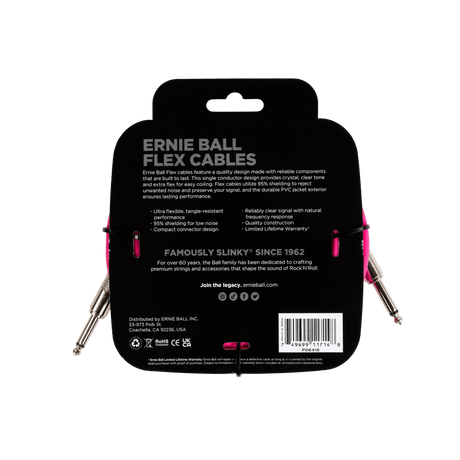 Ernie Ball flex cable packaging with product details on a black background