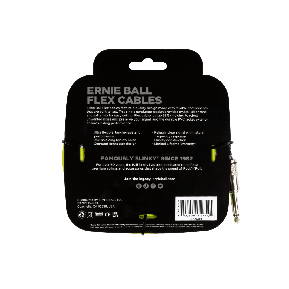 Ernie Ball Flex Cables packaging with product details on a black background