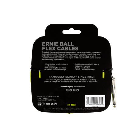 Ernie Ball Flex Cables packaging with product details on a black background