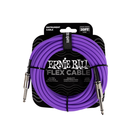 Ernie Ball flex cable packaging with purple cable on a black background