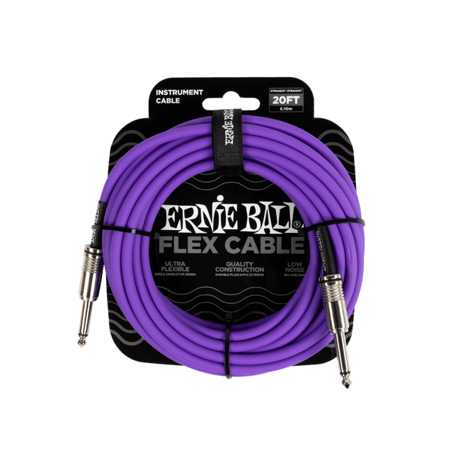 Ernie Ball flex cable packaging with purple cable on a black background