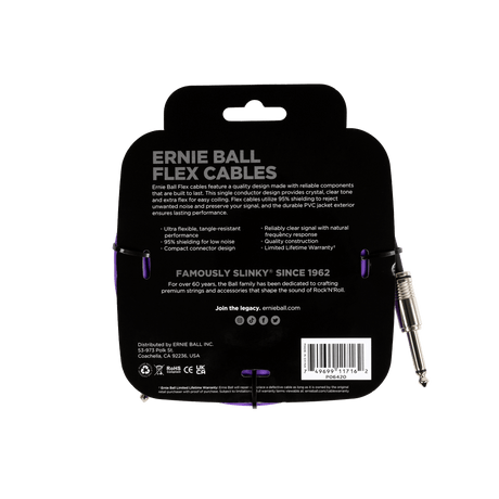 Ernie Ball flex cable packaging with product details on a black background