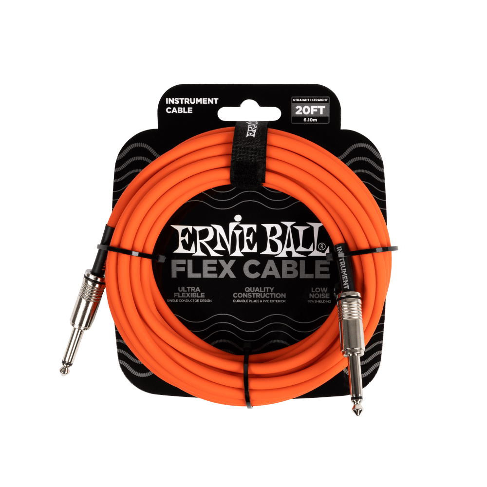 Ernie Ball flex cable packaging with orange cable on a black background