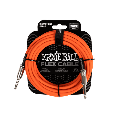 Ernie Ball flex cable packaging with orange cable on a black background