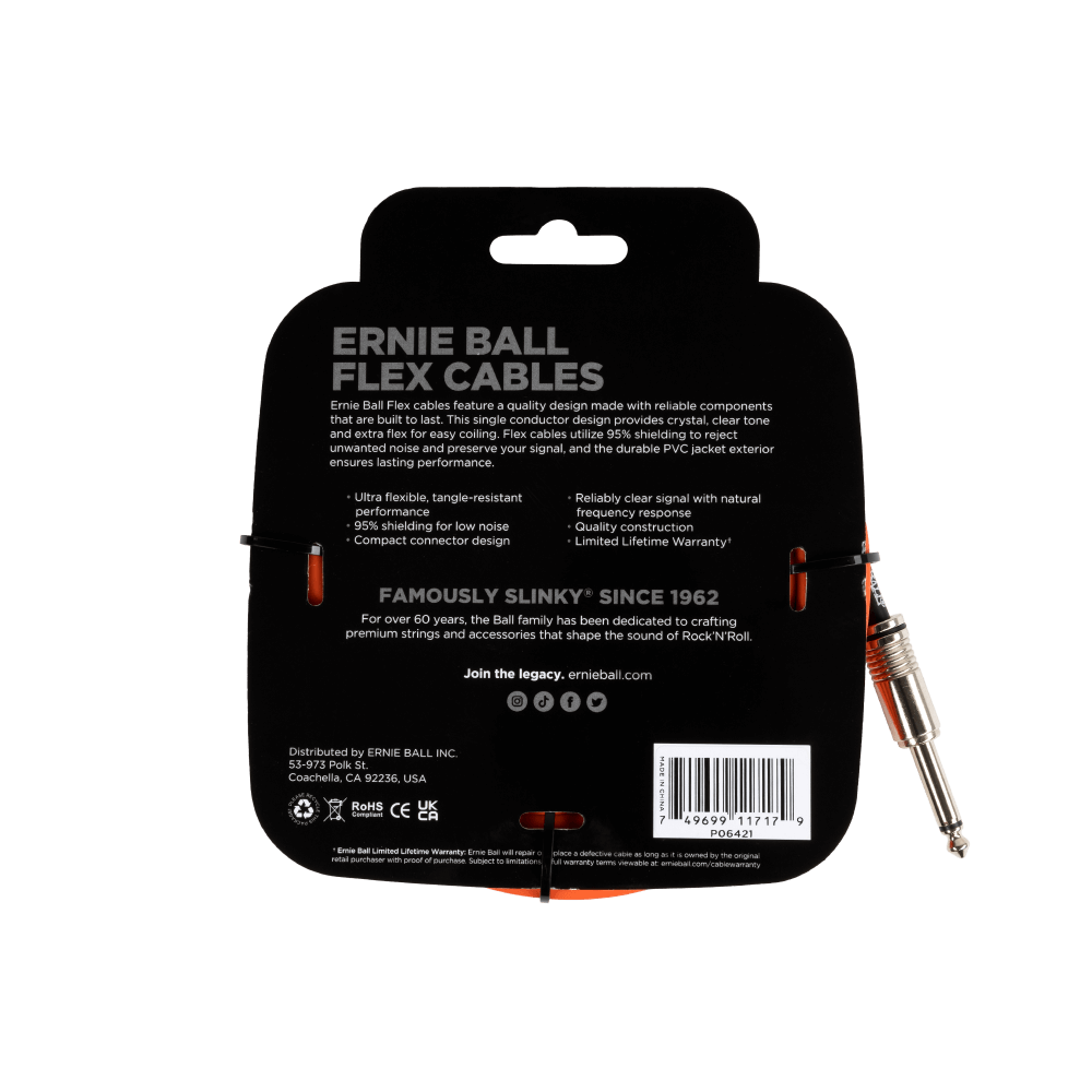 Ernie Ball flex cable packaging with product and branding details on a black background