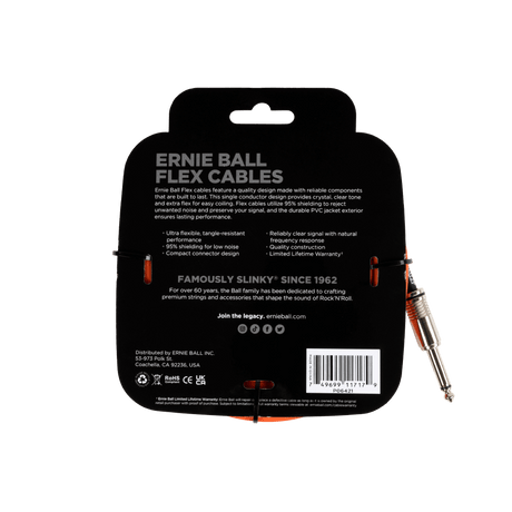Ernie Ball flex cable packaging with product and branding details on a black background
