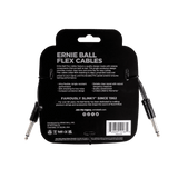 Ernie Ball Flex Cables packaging with branding and product details on a black background