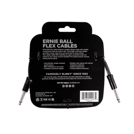 Ernie Ball Flex Cables packaging with branding and product details on a black background