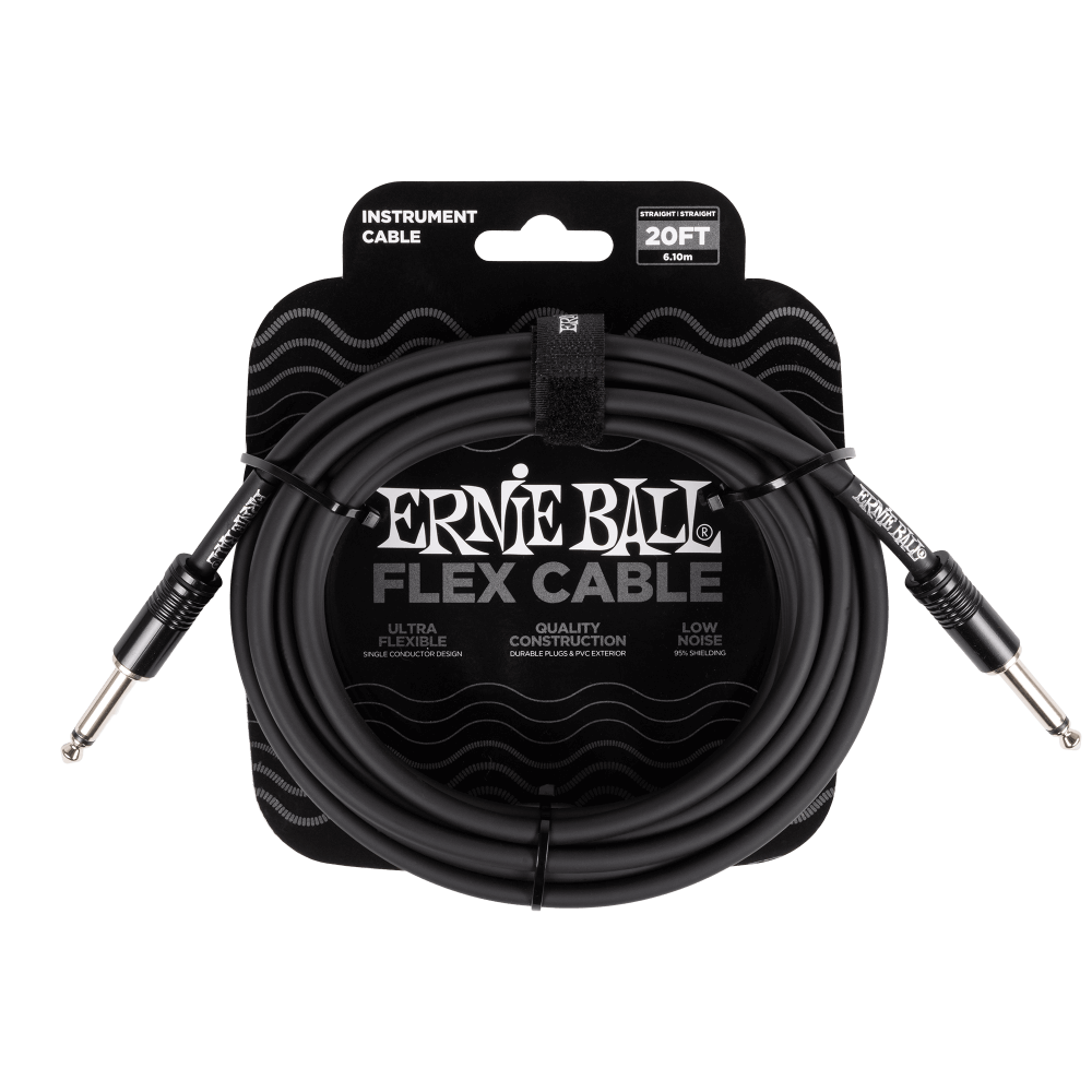 Ernie Ball flex cable packaging with black cable coiled inside on a white background