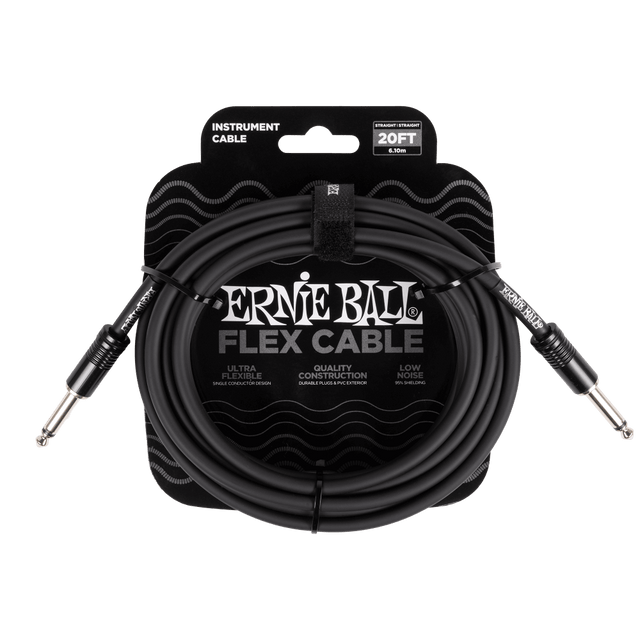 Ernie Ball flex cable packaging with black cable coiled inside on a white background