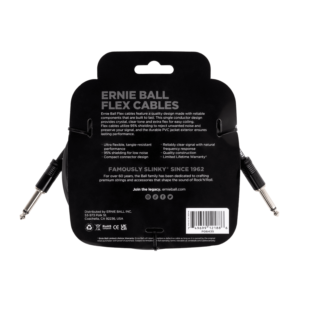 Ernie Ball Flex Cables packaging with product details on a black background