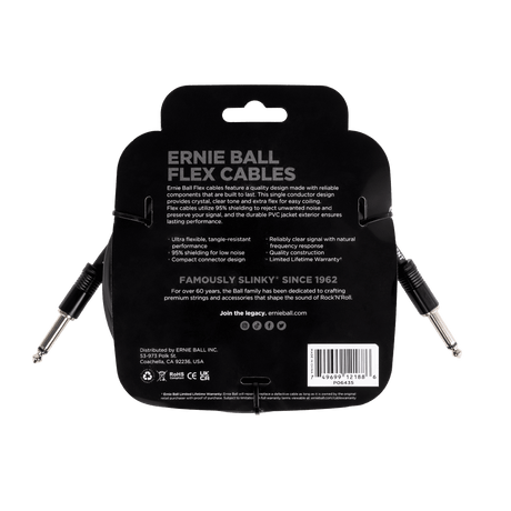 Ernie Ball Flex Cables packaging with product details on a black background