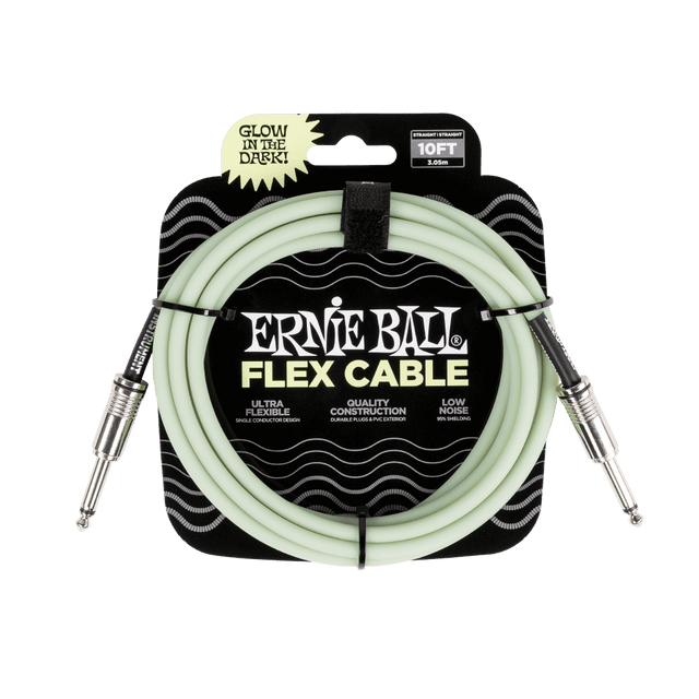 Ernie Ball flex cable packaging with glow-in-the-dark feature on a black background