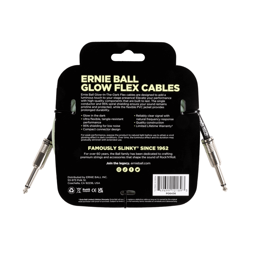Ernie Ball Glow Flex Cables packaging with product details on a black background