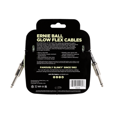 Ernie Ball Glow Flex Cables packaging with product details on a black background