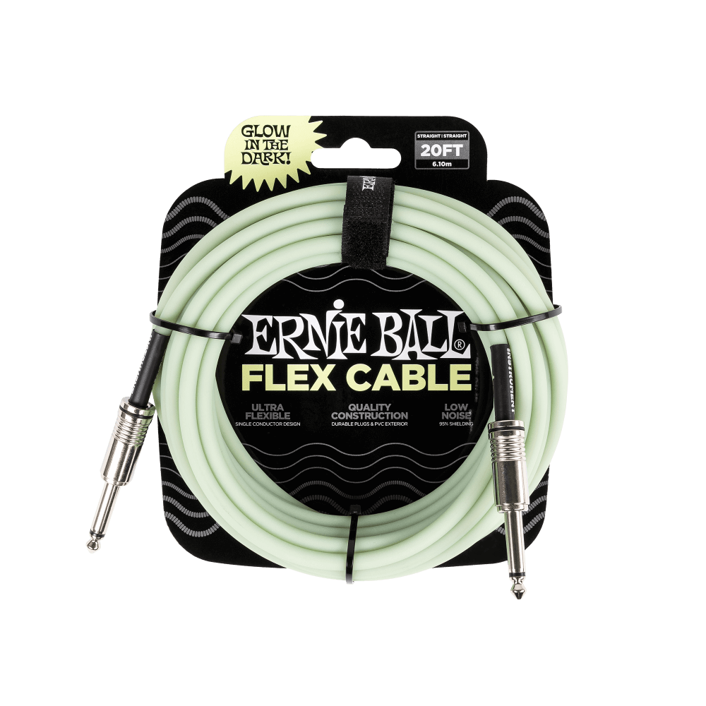 Ernie Ball flex cable packaging with glow-in-the-dark feature on a black background