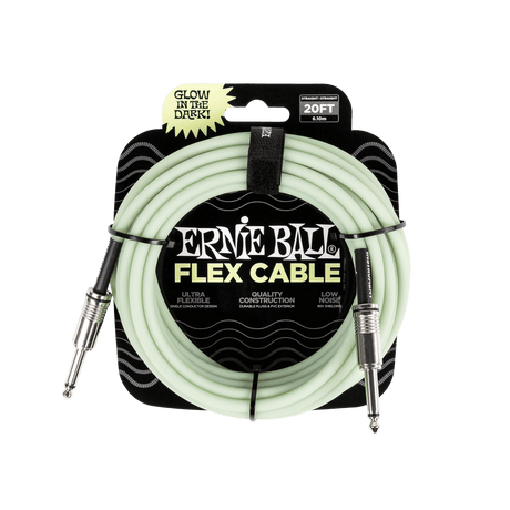 Ernie Ball flex cable packaging with glow-in-the-dark feature on a black background