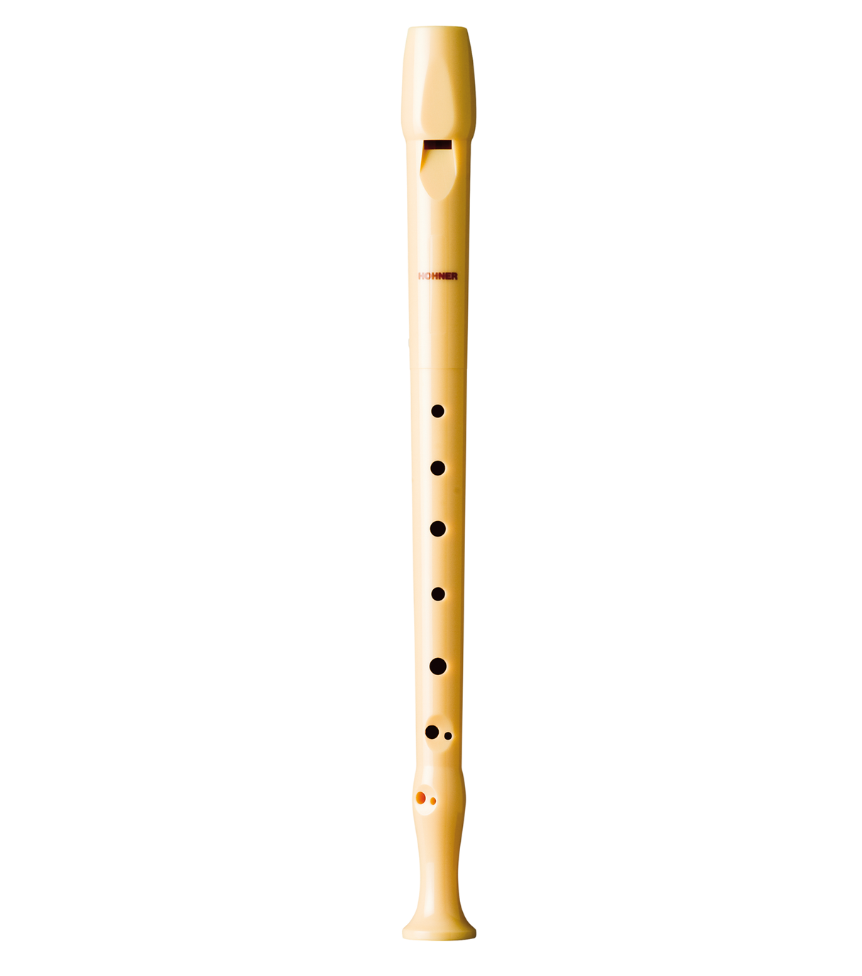 The image shows a soprano recorder made of light-colored wood or plastic with a natural finish. It features a whistle mouthpiece, multiple finger holes, a slightly tapered cylindrical body, and a visible brand marking on the upper section. This woodwind instrument is commonly used in music education and early music performances, suitable for both beginners and advanced players.