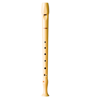 The image shows a soprano recorder made of light-colored wood or plastic with a natural finish. It features a whistle mouthpiece, multiple finger holes, a slightly tapered cylindrical body, and a visible brand marking on the upper section. This woodwind instrument is commonly used in music education and early music performances, suitable for both beginners and advanced players.