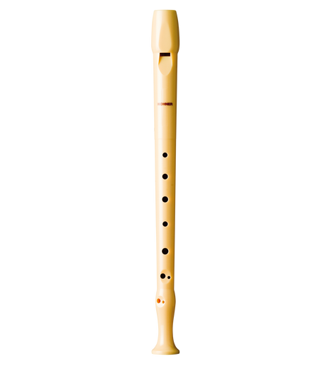 The image shows a soprano recorder made of light-colored wood or plastic with a natural finish. It features a whistle mouthpiece, multiple finger holes, a slightly tapered cylindrical body, and a visible brand marking on the upper section. This woodwind instrument is commonly used in music education and early music performances, suitable for both beginners and advanced players.