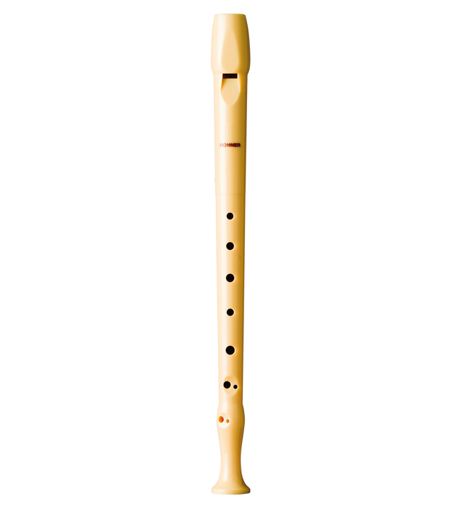The image shows a soprano recorder made of light-colored wood or plastic with a natural finish. It features a whistle mouthpiece, multiple finger holes, a slightly tapered cylindrical body, and a visible brand marking on the upper section. This woodwind instrument is commonly used in music education and early music performances, suitable for both beginners and advanced players.