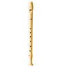 The image shows a soprano recorder made of light-colored wood or plastic with a natural finish. It features a whistle mouthpiece, multiple finger holes, a slightly tapered cylindrical body, and a visible brand marking on the upper section. This woodwind instrument is commonly used in music education and early music performances, suitable for both beginners and advanced players.