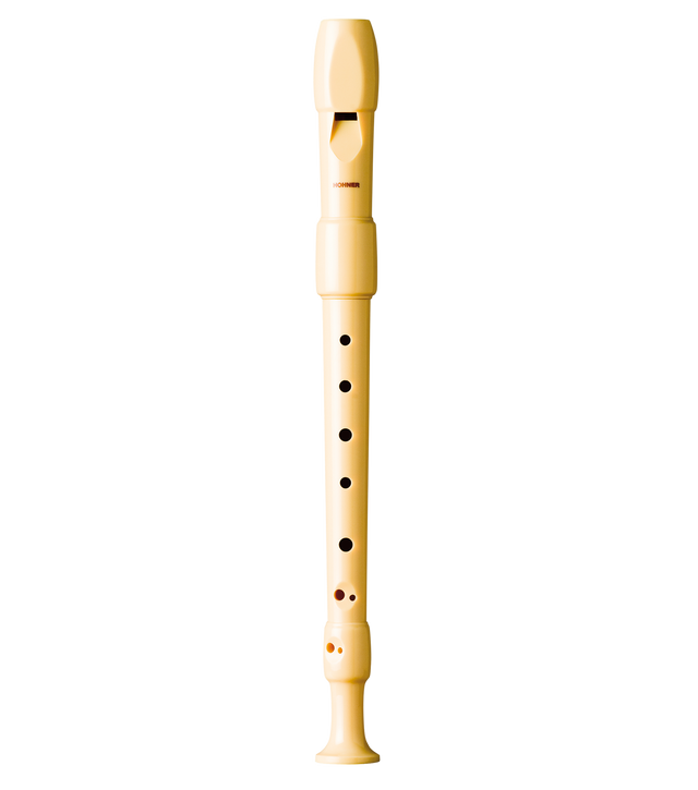 The image shows a soprano recorder with a light wood finish, featuring the typical tapered shape, mouthpiece with windway, and multiple tone holes. The "HOHNER" brand is visible on the three-piece instrument (head joint, body, foot joint). It has a clean, simple design common in student or intermediate recorders. Hohner is a known maker of recorders and other instruments.