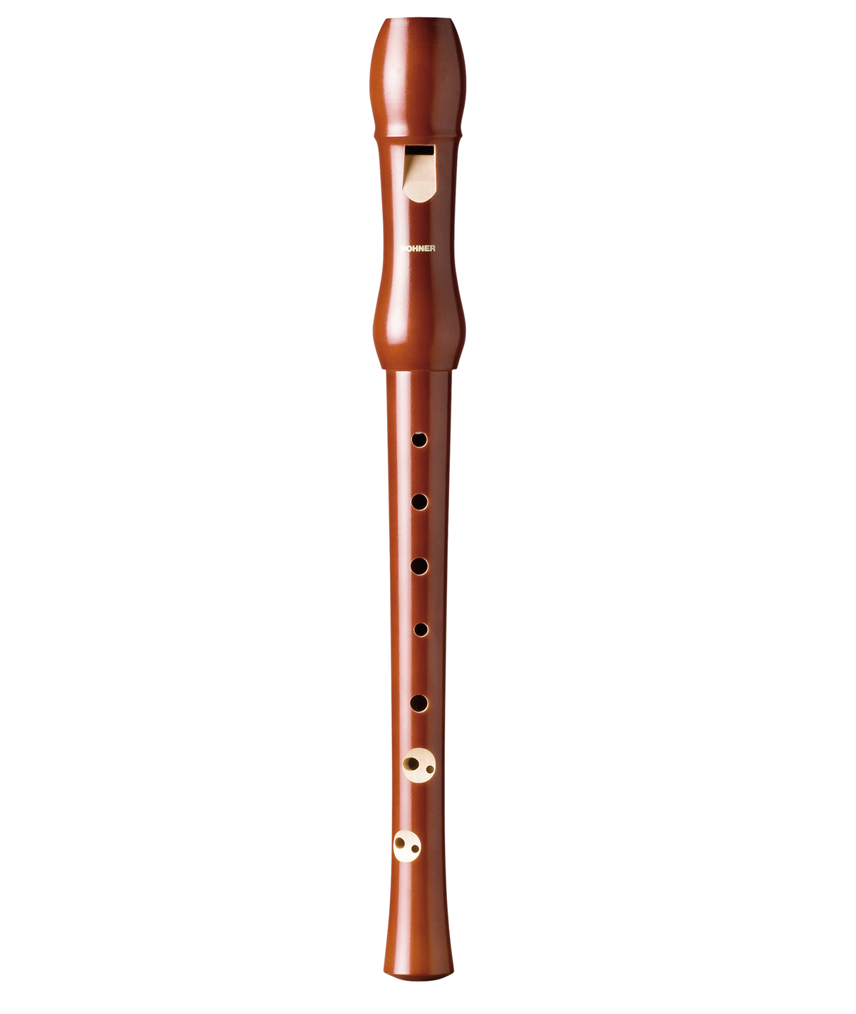 The image shows a soprano recorder, a woodwind instrument with a reddish-brown wooden body. It features a mouthpiece with a windway, multiple finger holes in a traditional pattern, and "HOHNER" branding, indicating the German maker. The recorder has a baroque-style tapered design, producing a warm, resonant tone ideal for both beginners and serious players.