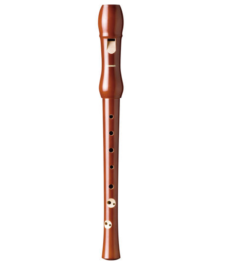 The image shows a soprano recorder, a woodwind instrument with a reddish-brown wooden body. It features a mouthpiece with a windway, multiple finger holes in a traditional pattern, and "HOHNER" branding, indicating the German maker. The recorder has a baroque-style tapered design, producing a warm, resonant tone ideal for both beginners and serious players.