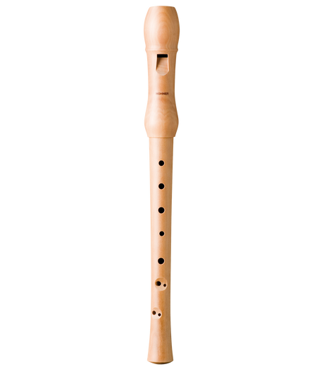 The image shows a light-colored wooden soprano recorder with a polished finish, featuring baroque-style fingering with 8 tone holes (7 front, 1 thumb). It has a wooden beak mouthpiece and three-piece construction with visible joints. The "HOHNER" brand is visible, indicating quality craftsmanship. Wooden recorders like this are favored in music education and by professionals for their warm, resonant tone.