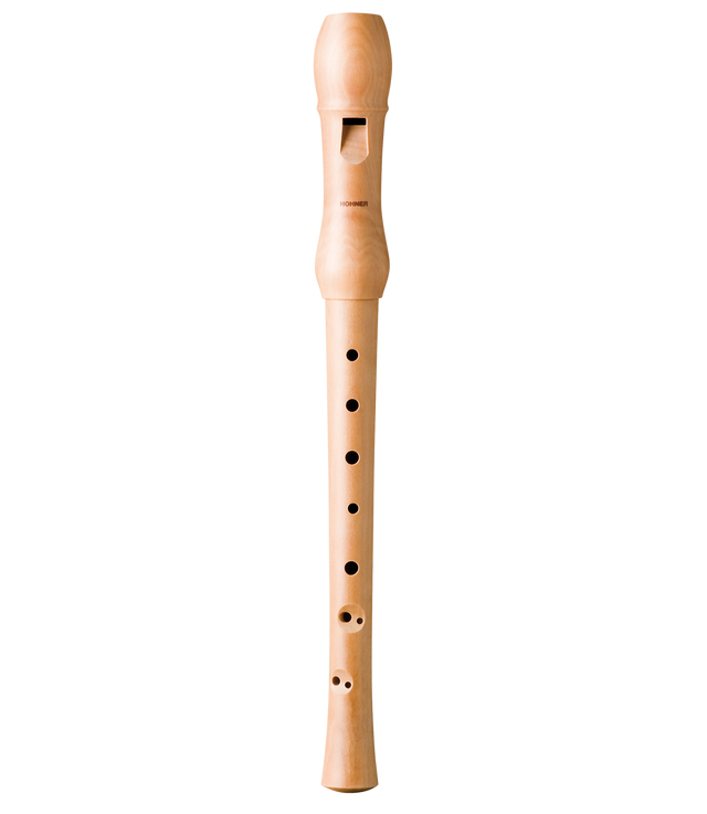 The image shows a light-colored wooden soprano recorder with a polished finish, featuring baroque-style fingering with 8 tone holes (7 front, 1 thumb). It has a wooden beak mouthpiece and three-piece construction with visible joints. The "HOHNER" brand is visible, indicating quality craftsmanship. Wooden recorders like this are favored in music education and by professionals for their warm, resonant tone.