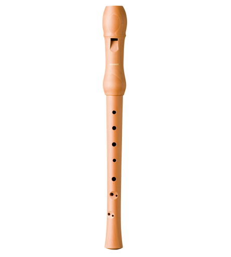 The image shows a wooden recorder with a light brown finish. It has a cylindrical, tapered body with multiple finger holes and a visible thumb hole. The traditional mouthpiece features a windway opening. Some branding is visible near the top. Based on its size, it appears to be a soprano recorder, a common woodwind instrument used in music education and early music performances.