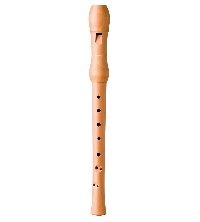 The image shows a wooden recorder with a light brown finish. It has a cylindrical, tapered body with multiple finger holes and a visible thumb hole. The traditional mouthpiece features a windway opening. Some branding is visible near the top. Based on its size, it appears to be a soprano recorder, a common woodwind instrument used in music education and early music performances.