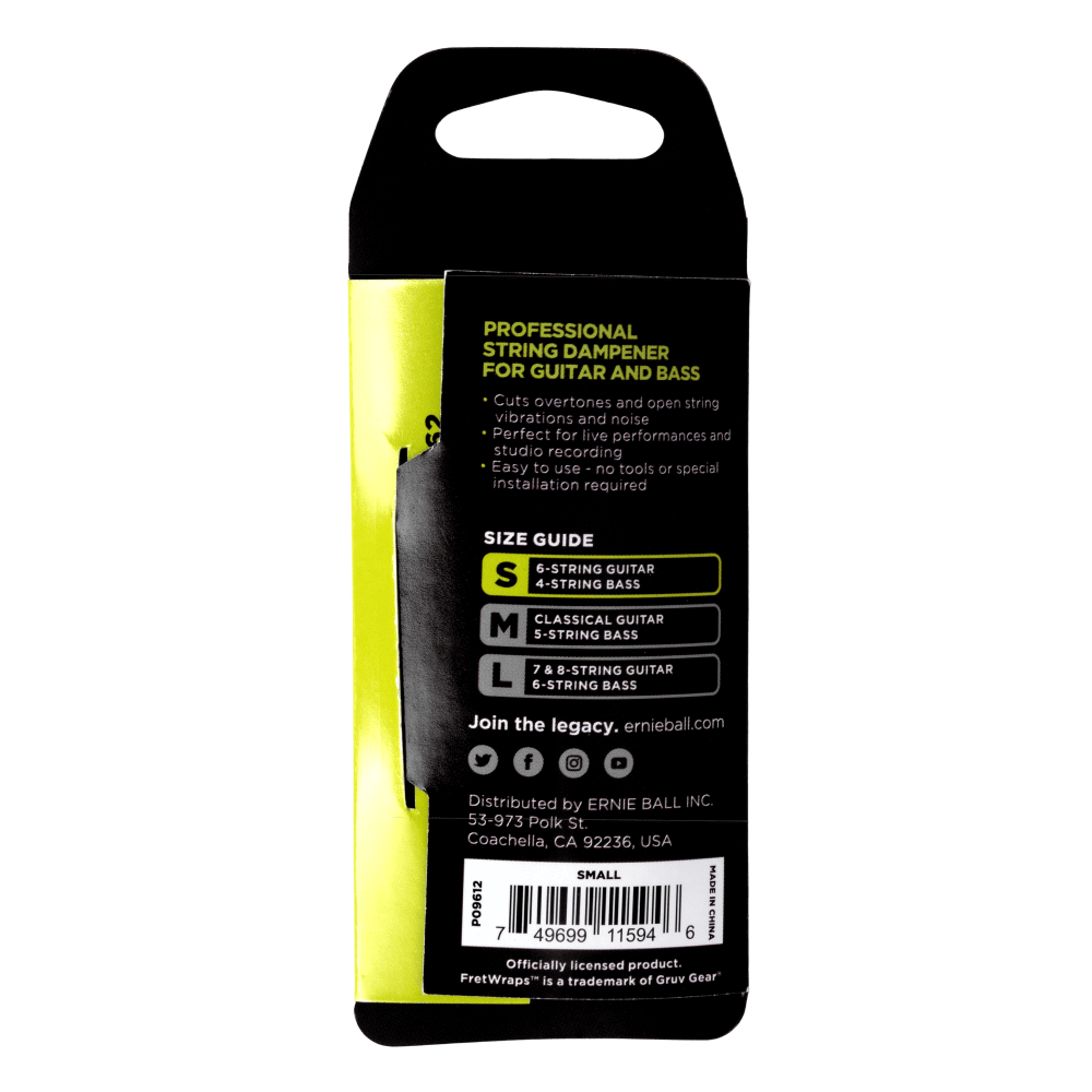 Packaging of a guitar string damper with text and size guide on a black background
