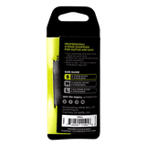 Packaging of a guitar string damper with text and size guide on a black background