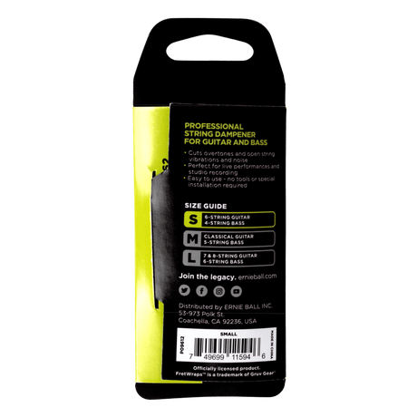 Packaging of a guitar string damper with text and size guide on a black background