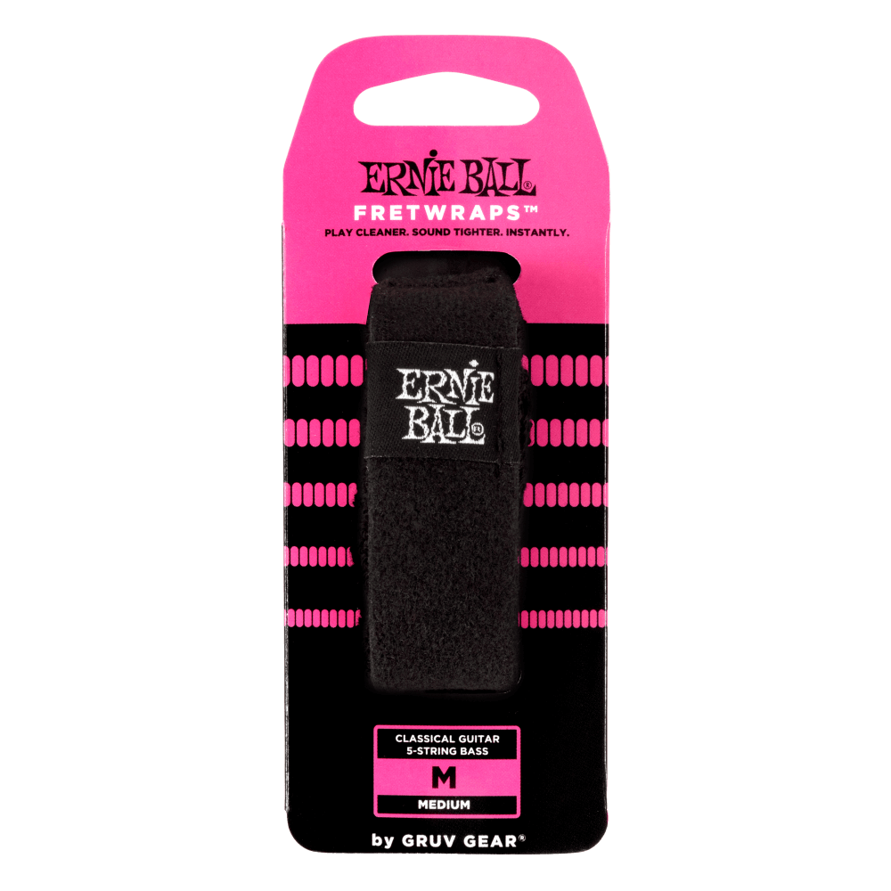 Ernie Ball fretwrap packaging with pink and black design on a clear background