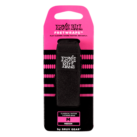 Ernie Ball fretwrap packaging with pink and black design on a clear background